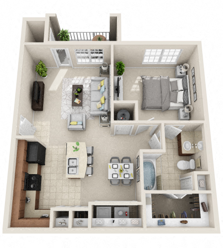 Floor plan for 1 bed, 1 bath, 742 sqft